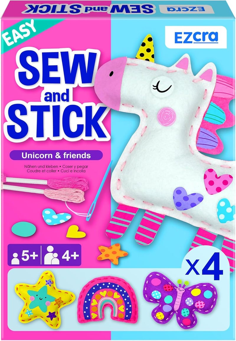 EZCRA Easy Arts and Crafts for Kids - No Mess Sewing Kit for Kids - 4 Easy to Do Unicorn Sewing Projects - Fun Felt Stickers - Tools with Instruction - Gifts for Girls Age 4,5,6,7,8 - Image 1